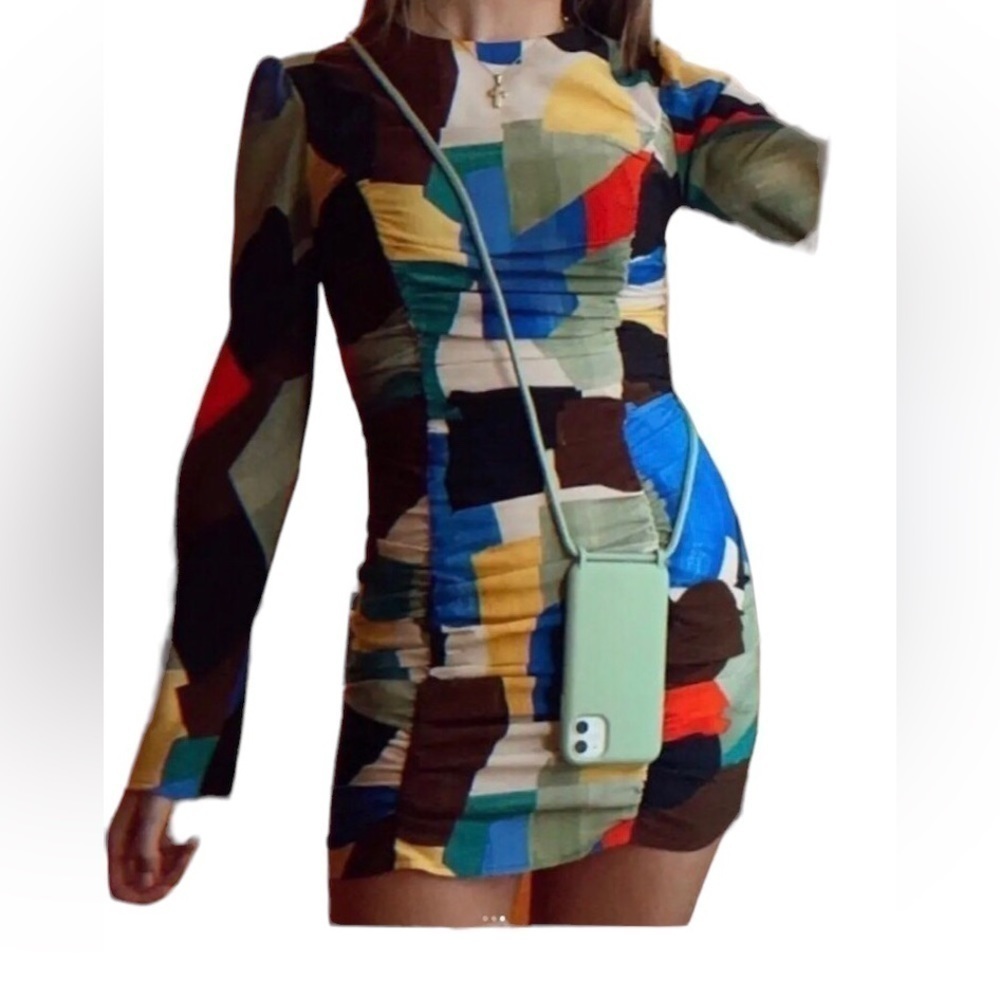 Zara Multicolored Printed Ruched Dress l Long Sleeve Size XS Dress 0714